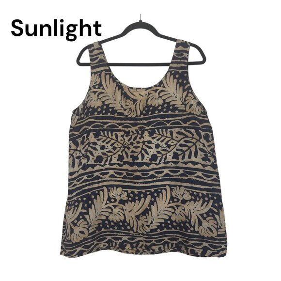 Vintage 90´ Express Womens 100% Silk Sleeveless Top L Navy-Beige Tropical Print - Picture 1 of 11